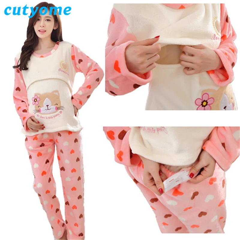 Pyjamas d'allaitement de maternité définit Cutyome hiver flanelle épaisse chaude chemise de nuit d'allaitement pour les femmes enceintes vêtements de nuit Pijamas