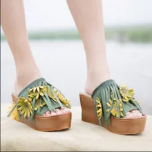 2016 new summer wedge heels women sandals genuine leather thick bottom women slippers flower tassel women shoes T16BLX05331