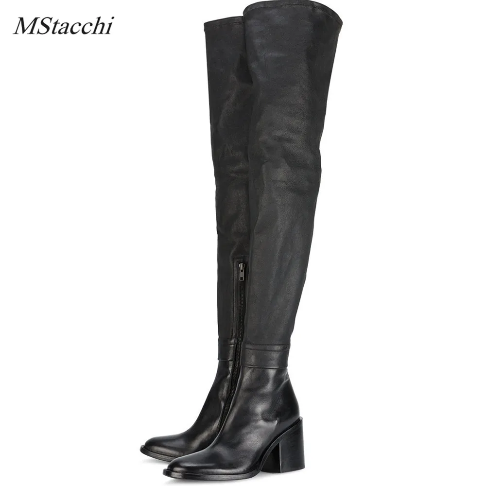 Mcacchi/высококачественные женские сапоги выше колена; женские сапоги из натуральной кожи; последняя мода; зимние сапоги на высоком квадратном каблуке; 31-45