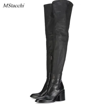 

Mstacchi High Quality Women Over The Knee Boots Genuine Leather Ladies Boots 31-45 Latest Fashion Square High Heels Winter Boots