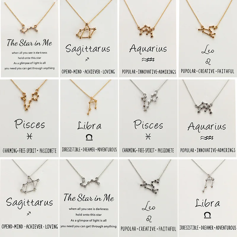 

10PCS Alloy 12 Zodiac Pendant Necklace Fashion Collarbone Chain Card Necklace Hand Stamped Jewelry