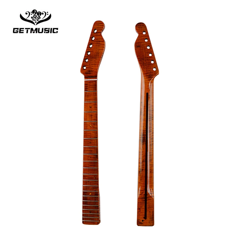 

21 Fret TL Guitar Neck Tiger Flame Maple with Back Strip 6MM Abalone Dots Brush-Off Yellow Glossy for Guitar Neck Replacement