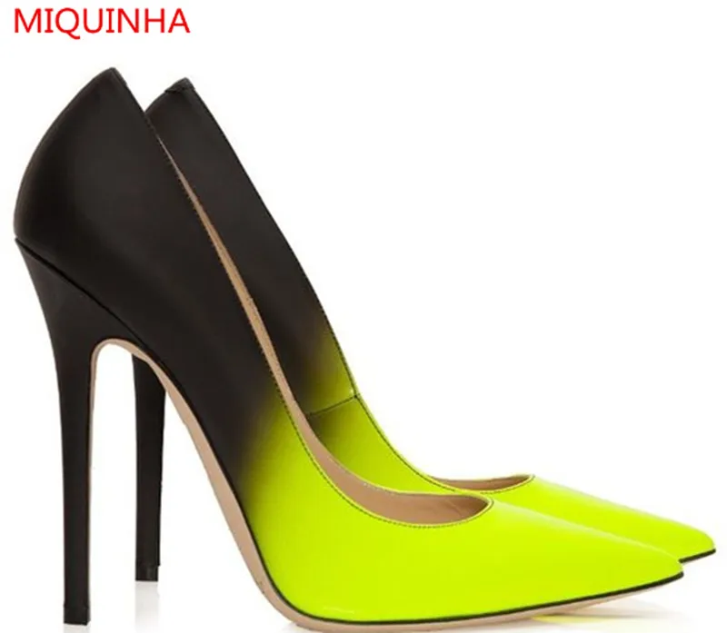 

MIQUINHA Anouk Neon Pointy Toe Women Degrad Pump Black&Yellow Gradient Color Shallow Stiletto High Heel Wedding Party Shoe Woman