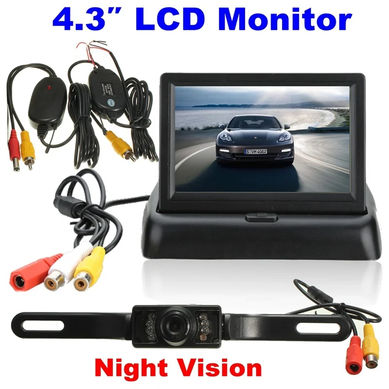 Universal Parking Assist 4 3 Inch Foldable LCD Monitor Wireless IR Backup Reverse Night Vision Rearview