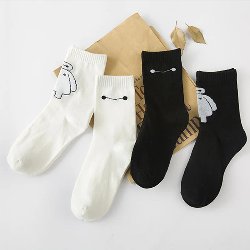 

New Arrival Kawaii Baymax Socks Novelty Women Black White Cartoon In Tube Socks Cute Pure Cotton Sock For Women Girls