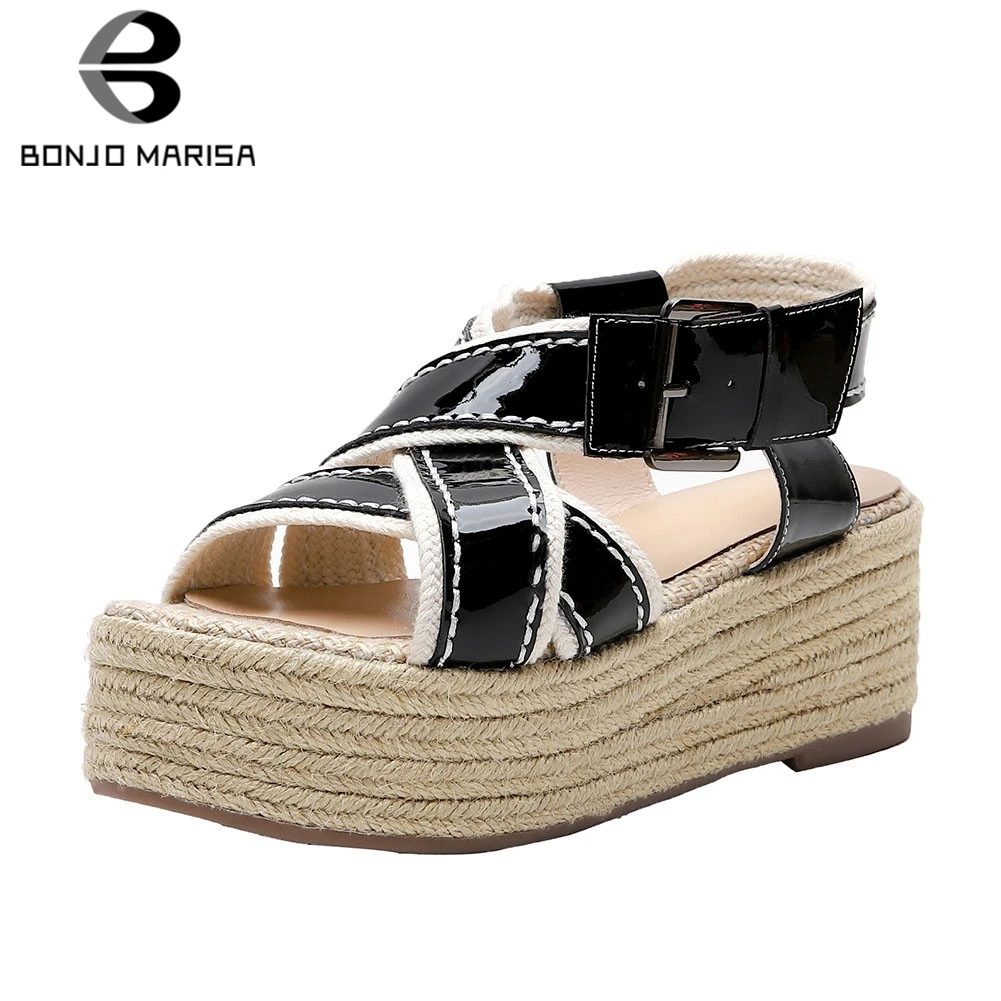 

BONJOMARISA Brand New women's Patent Genuine Cow Leather Ladies Wedges High Heels Shoes Woman Casual Office Summer Sandals