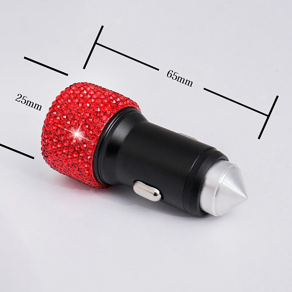 1 Piece Car 2 in 1 Quick Charger Double USB Safety Hammer Rhinestone Diamond Car Styling Multi Color