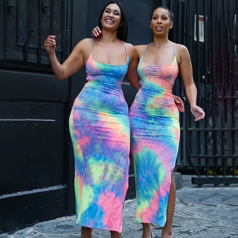 

BKLD Hollow Out Sexy Bandage Dress Women Backless Lace Up Long Summer Fashion Beach Dress Colorful Tie Dye Party Club Slit Dress