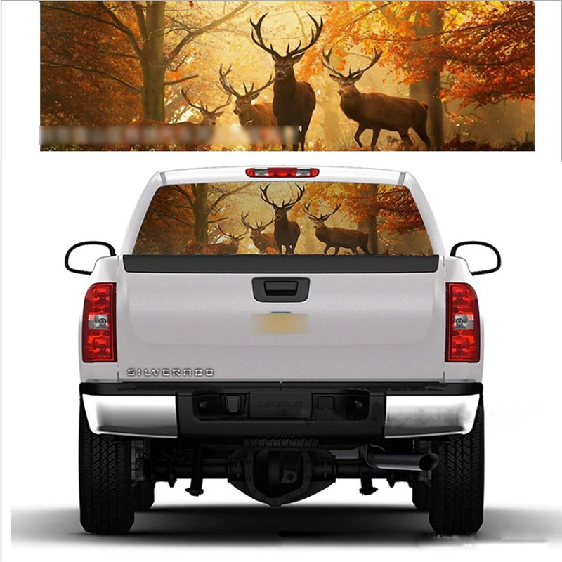 

1 PC 135*36cm Elk in Forest Rear Window Mesh Stickers Christmas Car Accessories for SUV Pick-up High Beam Protect