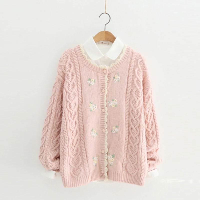 Japanese Mori Girl Embroidered Floral Winter Knitted Cardigan Sweater PINK/WHITE/BLUE |