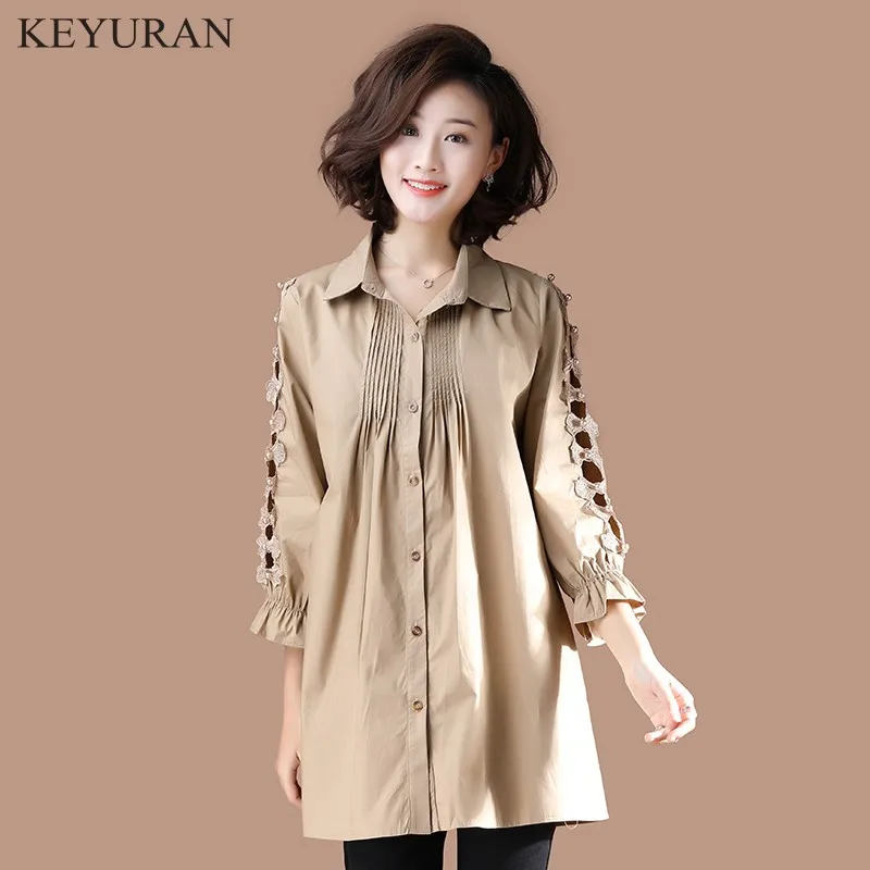 

Plus Size 5XL Female Hollow Out Beaded Shirt Female 2019 New Spring Autumn Long-Sleeved Solid Color Blouse Women Clothing Tops