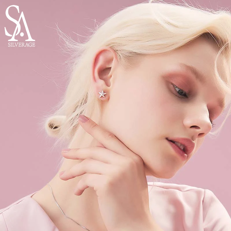 

SA SILVERAGE 925 Star Sterling Silver Female Design Korean Version Stud Earrings Women 925 Silver Earring Earrings for Women