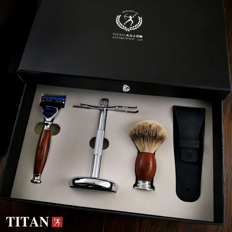 

Titan men shaving baber 5 blade razor set in wood handle gift package razor