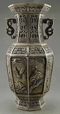 

NICE CHINESE Collectible Decorated Old Handwork Tibet Silver Carved Crane Eagle Flower Vase Garden Decoration Brass Bronze