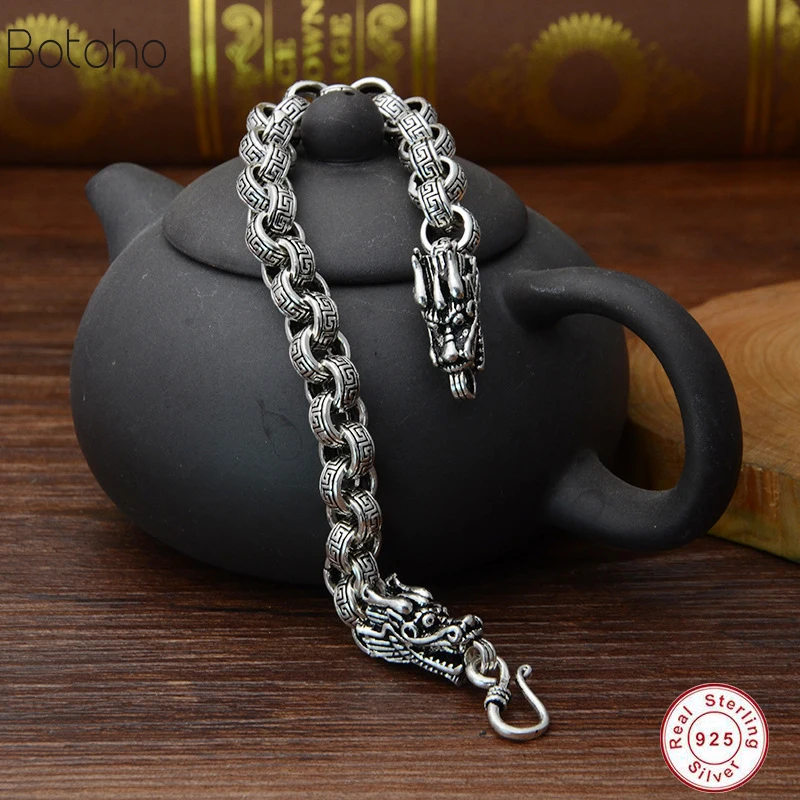 Браслеты 925 мужские ювелирные изделия из настоящего стерлингового серебра сверхмощный Рисунок дракона мужской браслет 23 см Ретро подвеска в стиле панк браслет