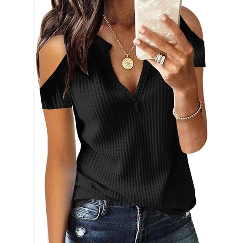 VIEUNSTA 5XL العميق V الرقبة إمرأة قمم و البلوزات أنيقة ثلاثة الأكمام الربع الصلبة قميص الصيف فضفاض الشارع الشهير Blusa المتناثرة