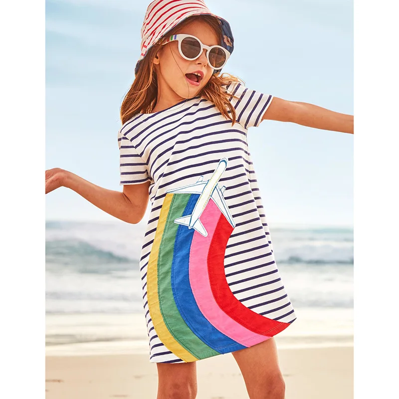 

Girl's dress 2019 spring new style girl short-sleeved dress round neck striped children's clothes Popular Kids Clothing