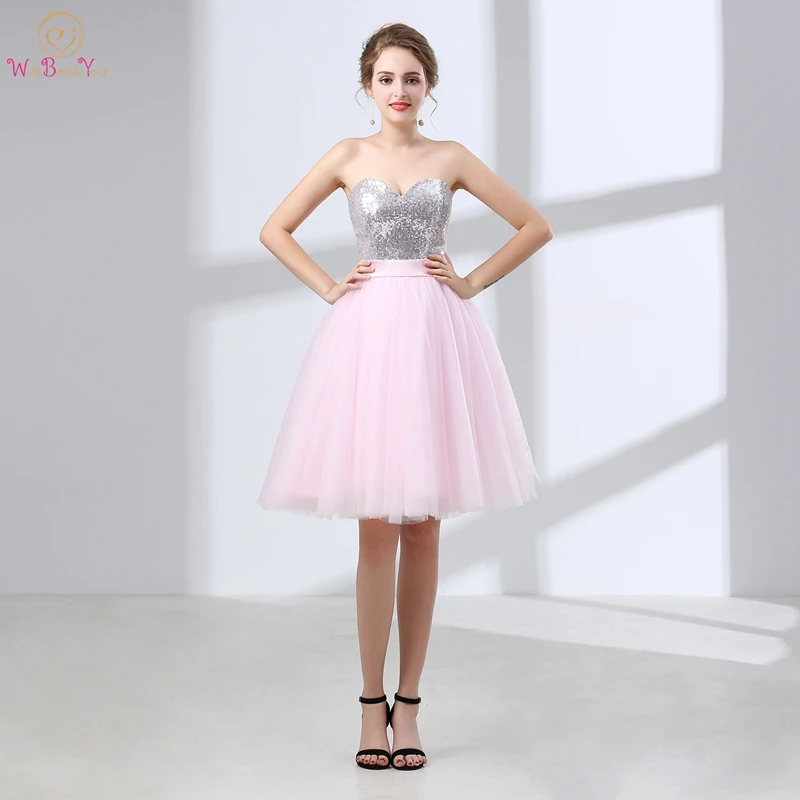 

Knee-length Cocktail Dress A-line Sleeveless Sweetheart Neck Sequined Top Bow Back Elegant Lively Elegant Pink New Cocktail Gown