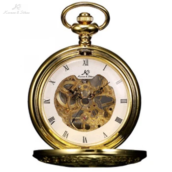 

Retro KS Mechanical Skeleton Roman Numerals Golden Case Key Pendant Steampunk Self Winding Pocket Watch Men Jewelry Gift /KSP045