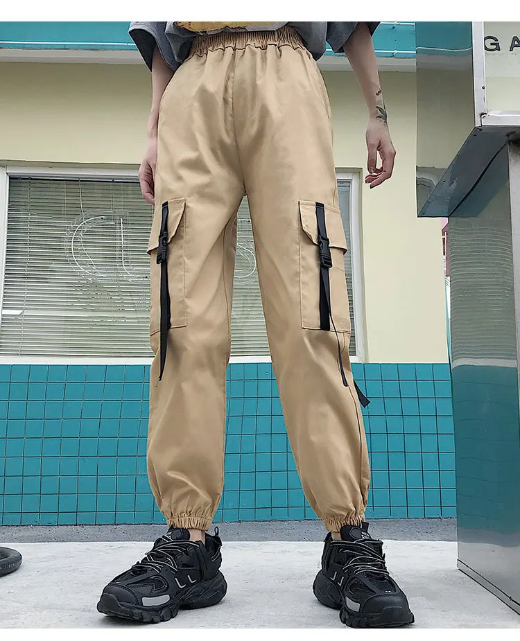 Черные брюки карго с высокой талией хлопковые женские Лоскутные свободные уличные брюки карандаш модные женские брюки в стиле хип-хоп