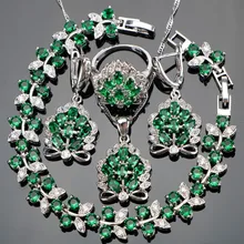 Plata 925 Piedras mujeres boda joyería verde ZIRCON traje Juegos de joyería con Pendientes Colgantes Collares Anillos conjunto caja de regalo