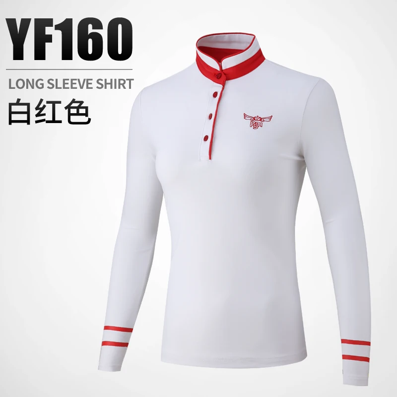 PGM Golf Женская футболка с длинным рукавом, Осень-зима, одежда для отдыха, спортивные рубашки с стоячим воротником, женская одежда, мягкая, приятная на ощупь - Цвет: White-red shirt