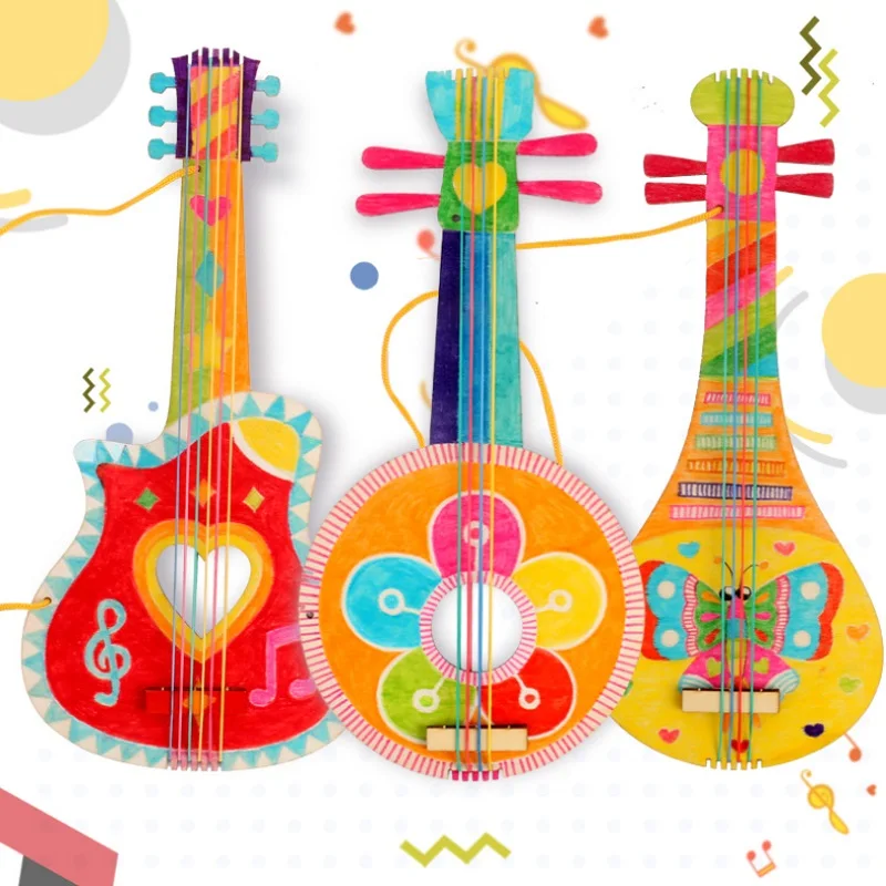  DIY Children Mini Guitar Toys Handmade Kids Gitaar painting child Ukulele Kindergarten Crafts Teach - 33012382835