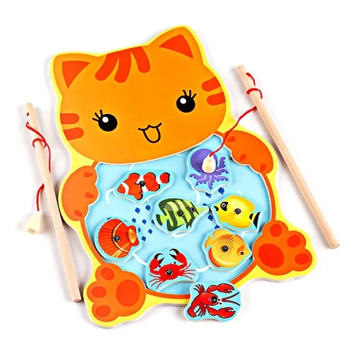 Детская Магнитная настольная игра «Рыбалка» со стержнем деревянная мультяшная лягушка кошка головоломка игрушки для детей обучающая игрушка для рыбалки - Цвет: Cat