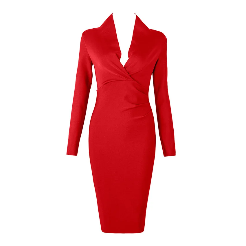 Новое сексуальное платье с длинным рукавом женское платье Глубокий V Bodycon Бандажное платье элегантное вечернее платье знаменитостей Vestidos - Цвет: Красный