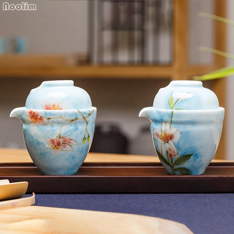 

NOOLIM Longquan Celadon Jingdezhen Hand-painted Peach Lily Tea Set Teapot Kettle 1 Pot 1 Cup Travel Portable Kung Fu Tea Set