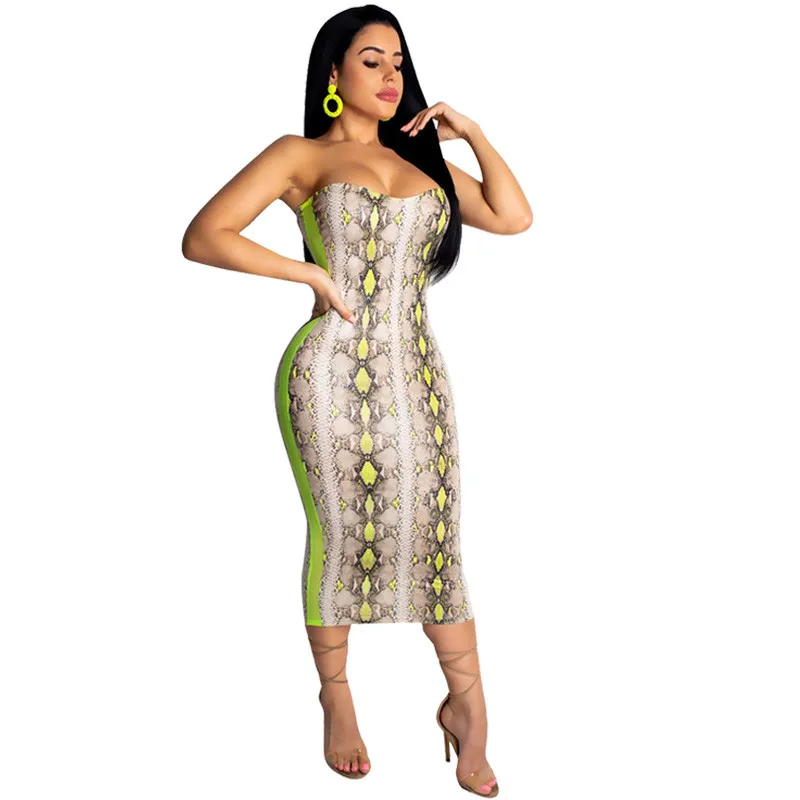 

Snake Print Sexy Bodycon Summer Dress Women Beach Dresses Sleeveless Strapless Midi Slim Celebrity Club Party Bandage Dress 2019