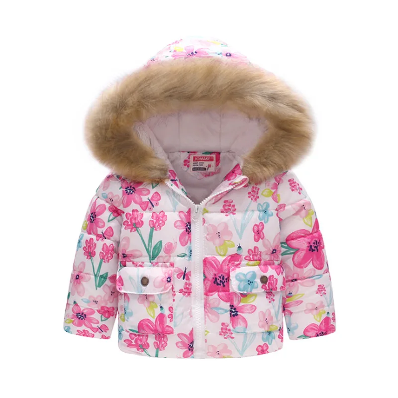Детская теплая зимняя куртка для мальчиков и девочек, пальто, меховая толстовка с капюшоном, хлопковая детская верхняя одежда, цветочный принт, подарок - Цвет: as the picture