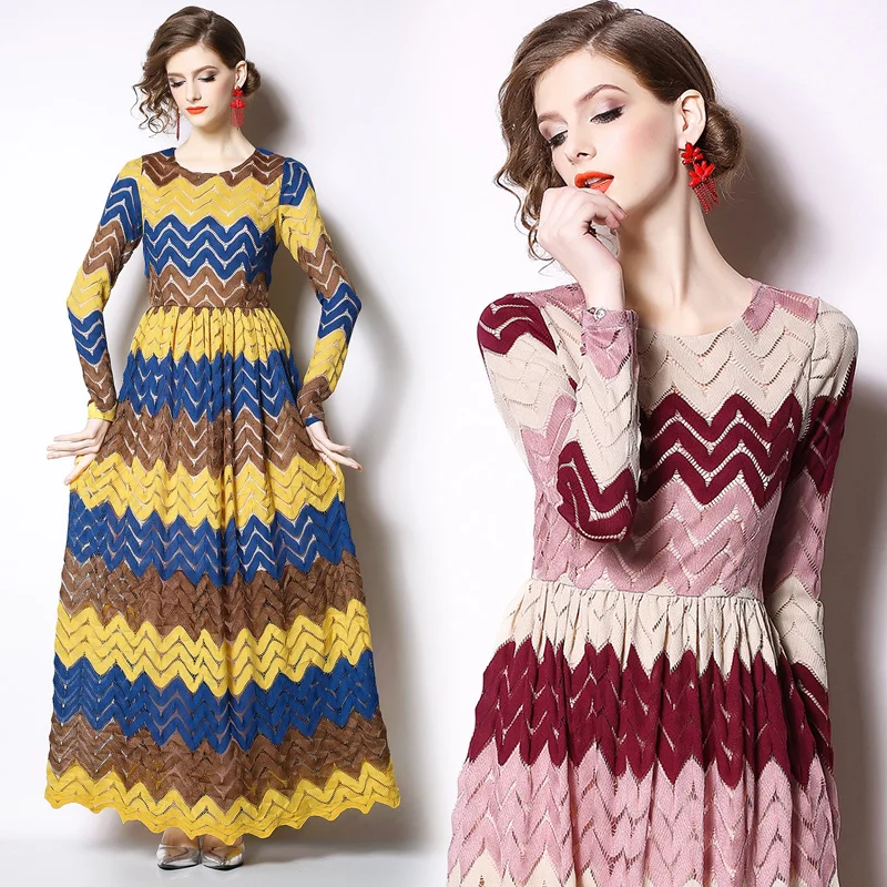 

2019 Spring Summer Trend New Women Large Swing Maxi Dresses Lace Hollow Out Long Sleeve Three-colors Patchwork O Neck Lace Dress