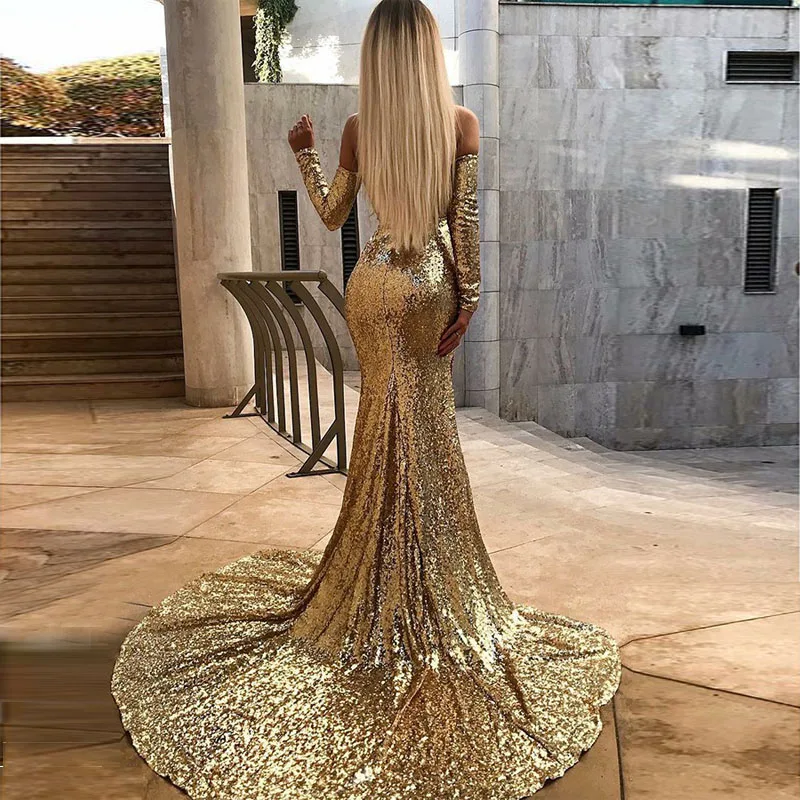 

Sexy Sequins Mermaid Prom Gowns 2019 Off The Shoulder Long Sleeves Split Side Floor Length Champagne Gold Women Party Dresses
