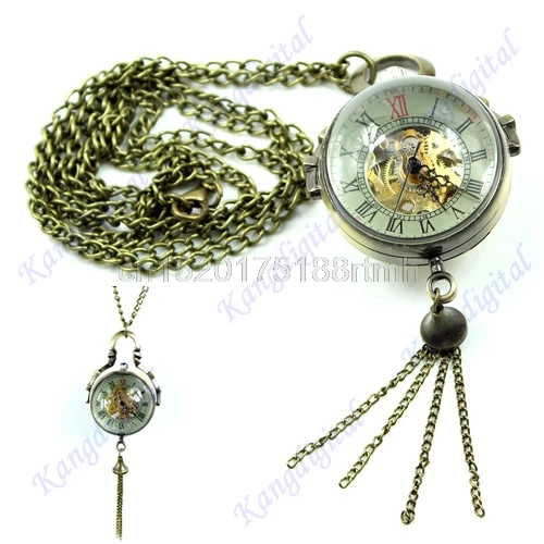Бесплатная доставка Античная Скелтон Механическая Большой Стекло кулон ожерелья Подарочные карманные часы # T50P # Прямая поставка