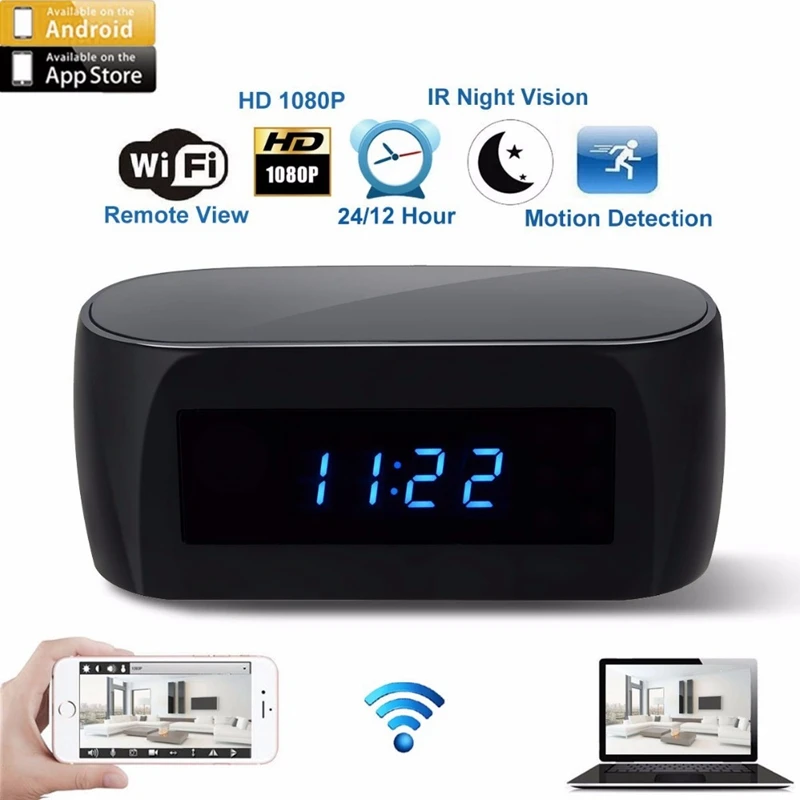W iFi Camera Alarm Clock with Motion Detection Night Vision HD 1080P