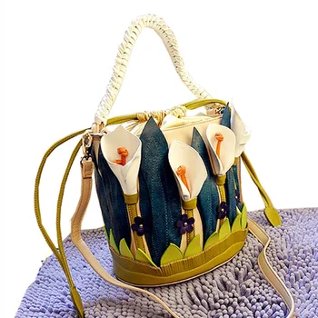 

lily flower Art Bag Women Lilies Pure Hand-personalized Bucket Bag Shoulder Bags Women Messenger Bags Handbag A4680