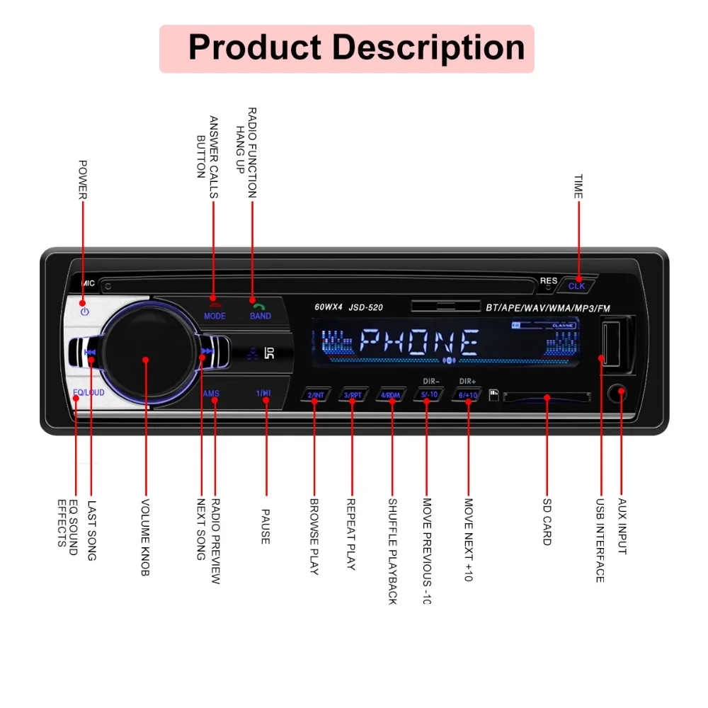 JSD 520 Bluetooth V2.0 авто для стерео Радио автомобильной 1 Din 12 в FM Aux Вход приемник