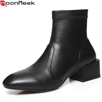 

MoonMeek big size 34-42 fashion autumn winter boots square toe genuine leather boots slip on classic ankle boots for women 2020