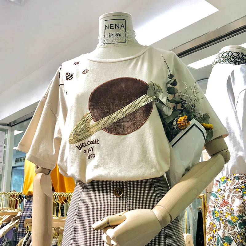 Casual Sequined Embroidery Letters Women's T-shirt 2018 New Summer Fashion O Neck Ladies Tops Short Sleeve All Match Female Tees | Женская