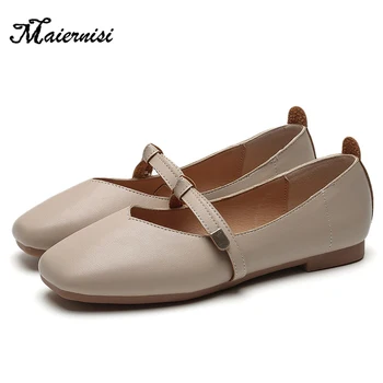 

MAIERNISI Women Flats Cow Leather Woman Single Shoes Ballet Flats Shoes Pointed Toe Flat Shoes Slip-On Shallow Apricot Black