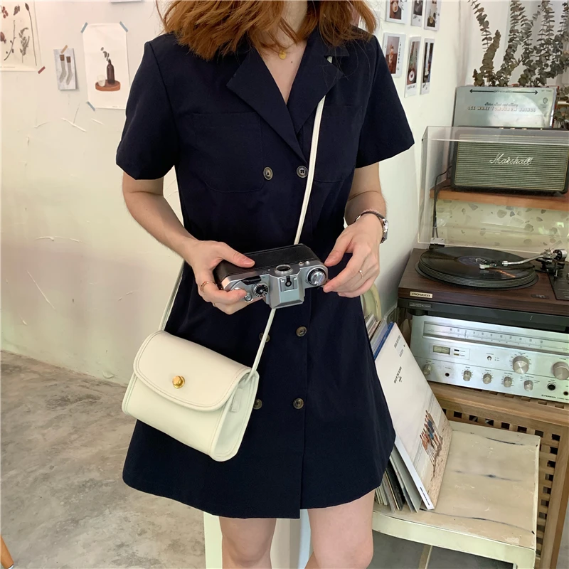 

Women Summer Mini Dress notched collar short Sleeves High Waist Short solid color casual single breasted dress womens (K324