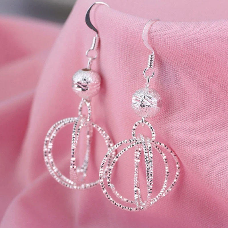 

New 1 Pair Women Lucky Bead Five Rings Earrings Silver Fashion Piercing Earrings Fine Jewelry Wholesale