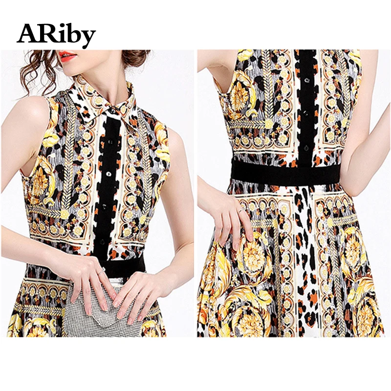 Women Dress Long Party Maxi Turn-down Collar Dress 2019 New Summer Vintage Fashion Temperament Printed A-Line Sleeveless Dresses
