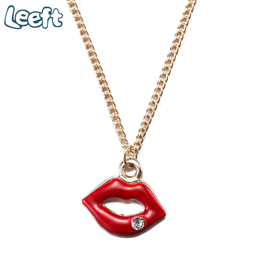 Fashion Red Lipstick Lips Rhinestone Necklace Lips Pendant Necklace