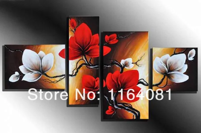 

100% Hand Made Promotion Bloom Sky Red Flowers High Q.Abstract landscape Wall Decor Oil Painting on Canvas 4pcs/set Wall Picture