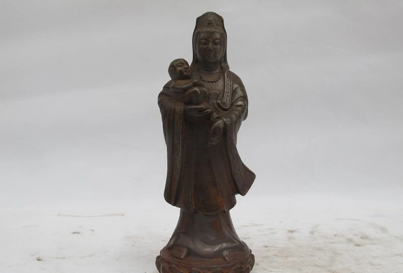 

China Folk Buddhism Bronze Copper largess Boy Kid Kwan-Yin Bodhisattva Statue