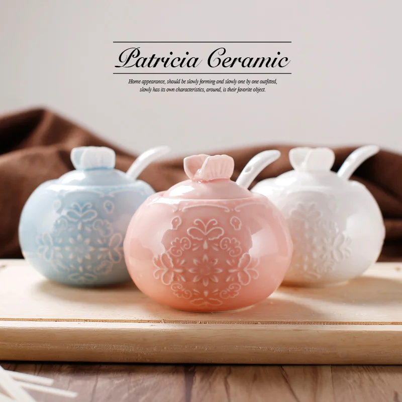 

Ceramic Bone China Caster Salt Sugar Pot Set (3 Pcs) with Engraving Lace Pattern for Kitchen Cooking