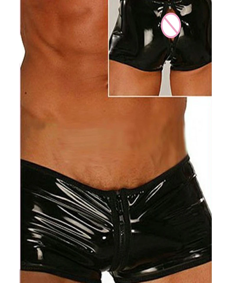 Дизайн мужские с низкой посадкой боксеры шорты сексуальные две молнии нижнее белье открытый промежность прикладом трусы черные глянцевые мужские трусы