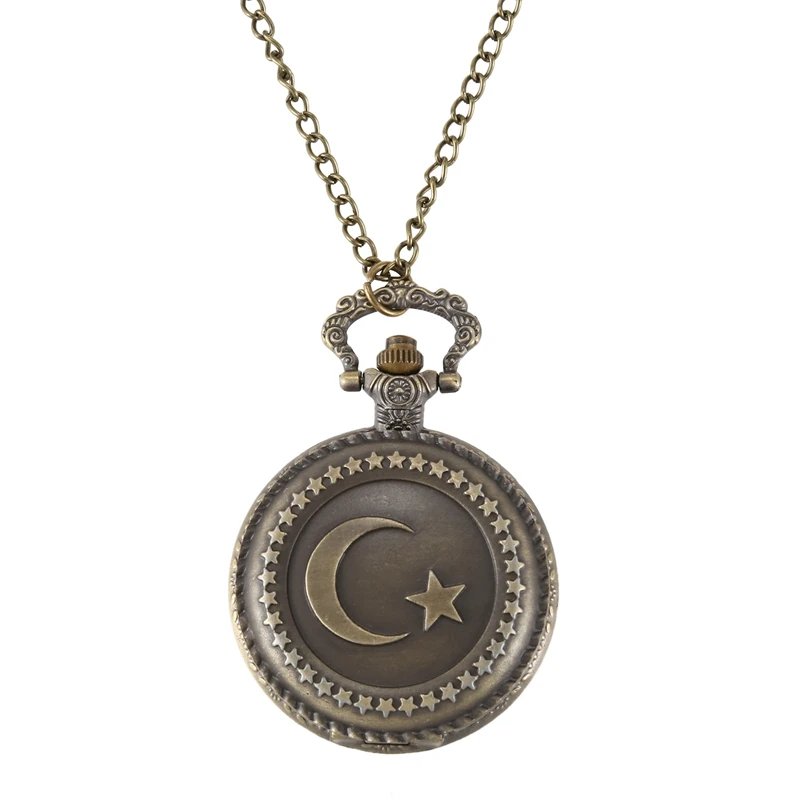 

Moon Star Pocket Watch Bronze Turkey Flag Back Flower Pattern Quartz Pendant Clock Holiday Gift Pocket Watch